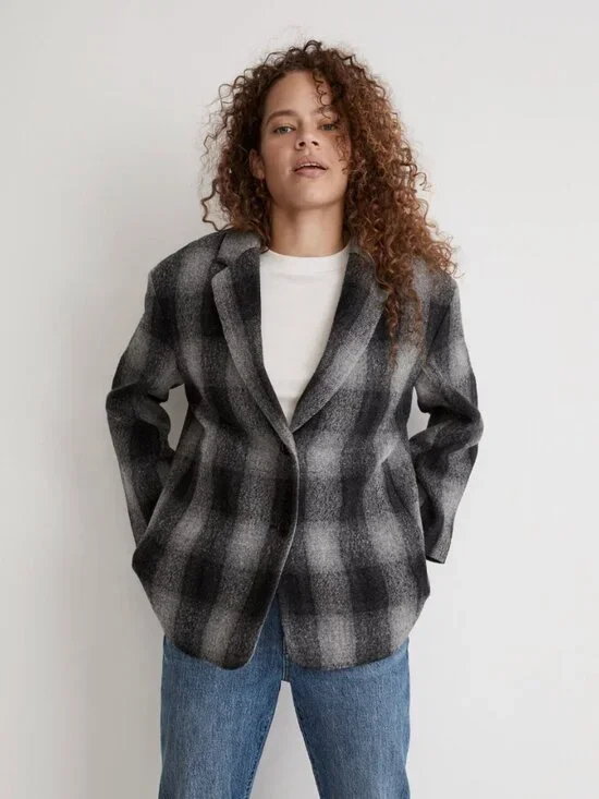 Madewell The Oversized Dorset Blazer Buffalo Check Boiled Wool, Grey/Black, XS - Picture 3 of 13